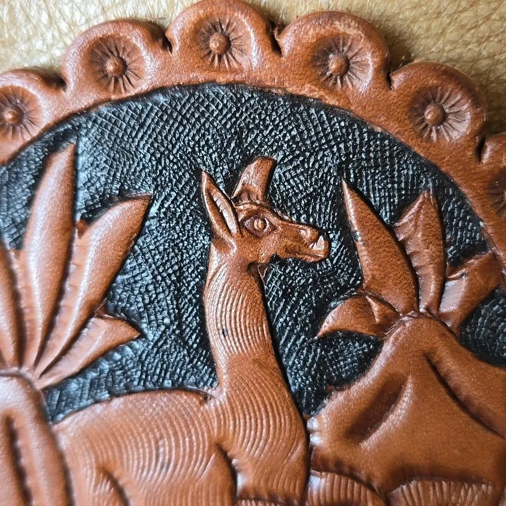 Tooled Leather Coaster Set of 2 | Llama Desert Design | possibly Peruvian